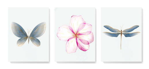 Luxury art background with butterfly, dragonfly and flower hand drawn in watercolor style. A set of prints for decor, posters, invitations, wallpapers, interior design, packaging. - obrazy, fototapety, plakaty
