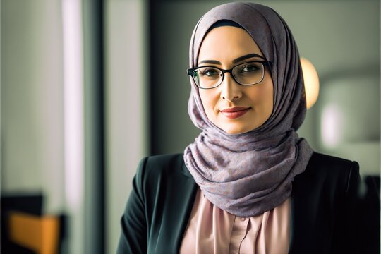 Portrait of confident Beautiful smiling muslim working businesswoman wearing a hijab, suit and eyeglasses. generative AI