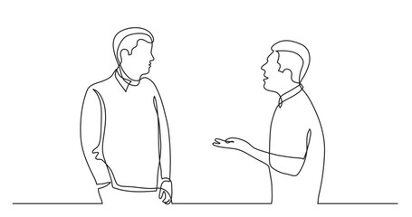 continuous line drawing vector illustration with FULLY EDITABLE STROKE of two men talking arguing with speech bubbles
