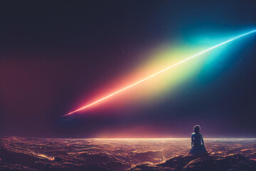 Splendid scenic night of vibrant color starry galaxy universe in bizarre sky horizon with a person on the ground. A man with background of space and cosmical light in Generative AI