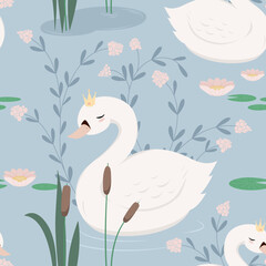 Łabędź pływający w stawie. Powtarzający się wzór z łabędziami, liliami wodnymi, kwiatami. Projekt ilustracji wektorowych dla modnych tkanin, grafiki tekstylnej, nadruków.