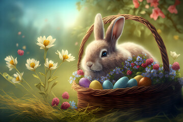 Cute Easter bunny sitting in basket with colorful painted eggs	