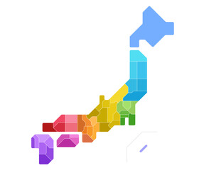簡略化した日本地図　地方別　県別（ベクターデータは都道府県ごとにレイヤー分け）