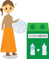 スーパーのペットボトル回収バックスにペットボトルをまとめて捨てに行く女性のイラスト