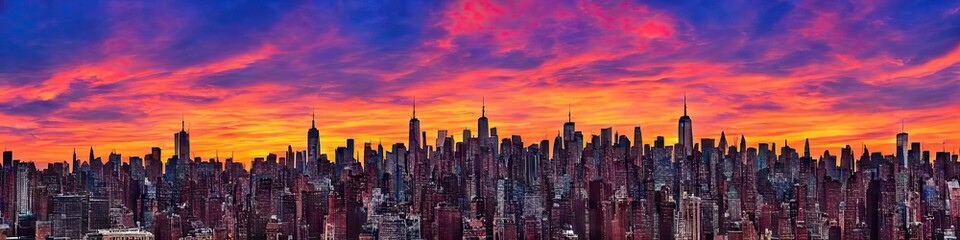 Fototapeta na wymiar New York City skyline at sunset - panoramic image of a west coast city during the gorgeous setting of the sun. City skyline made by generative AI