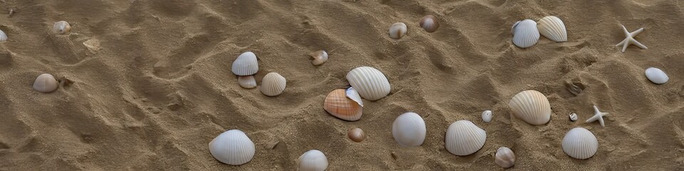 Fototapeta na wymiar seashells on the beach - panoramic extra wide landscape image of a sandy beach with colorful shells. Generative AI