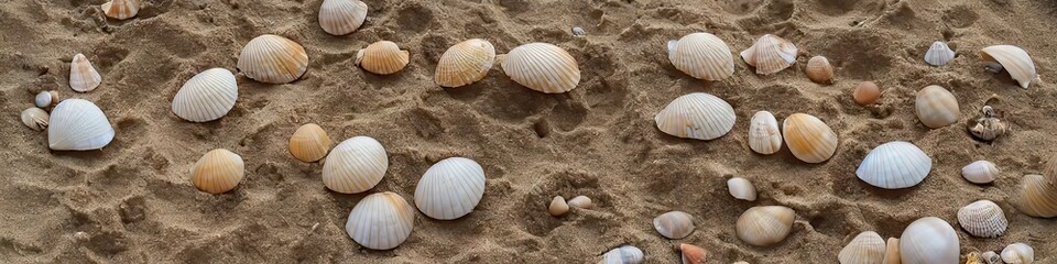 Fototapeta na wymiar seashells on the beach - panoramic extra wide landscape image of a sandy beach with colorful shells. Generative AI