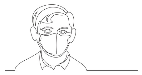continuous line drawing vector illustration with FULLY EDITABLE STROKE - boy portrait wearing face mask