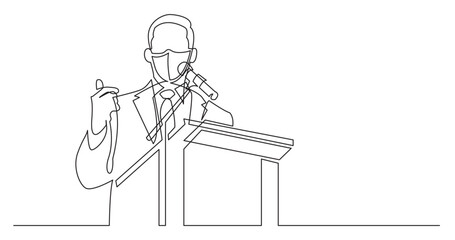 continuous line drawing vector illustration with FULLY EDITABLE STROKE - business coach talking before audience wearing face mask