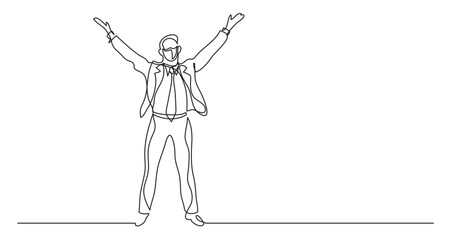 continuous line drawing vector illustration with FULLY EDITABLE STROKE - business person raising hands to heaven wearing face mask