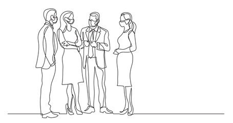 continuous line drawing vector illustration with FULLY EDITABLE STROKE - business professionals standing discussion wearing face mask