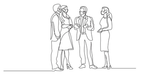 continuous line drawing vector illustration with FULLY EDITABLE STROKE - business professionals standing meeting wearing face mask