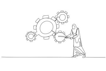 Illustration of muslim businesswoman manager use managerial skill to rotate group of business cogwheels. Single continuous line art style