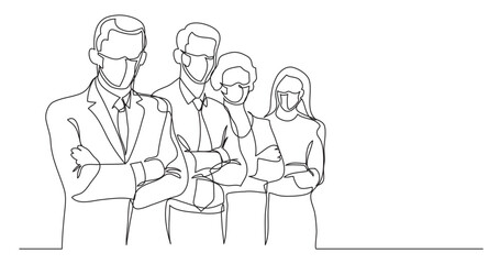continuous line drawing vector illustration with FULLY EDITABLE STROKE - business team  4 wearing face mask