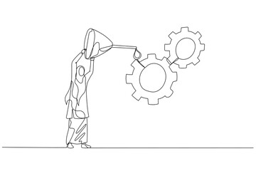 Illustration of muslim businesswoman oiling gear cogwheel to make it work properly metaphor of quality control and management. Single continuous line art style