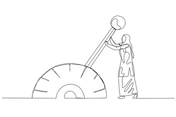 Cartoon of muslim businesswoman change transmission knob make business to next level. Single line art style