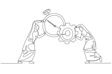 Cartoon of muslim businesswoman combine clock with and gear cogwheel concept of time management and production. Single continuous line art