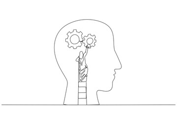 Cartoon of muslim businesswoman using the ladder and installing gear on people head concept of thinking. One line art style