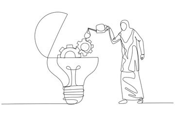 Drawing of muslim businesswoman drop oil lubricant into idea lightbulb lamp with mechanical gears. One continuous line art style