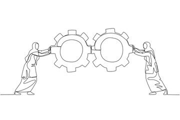 Illustration of muslim businesswoman pushing gears wheel concept of business team work. Continuous line art style