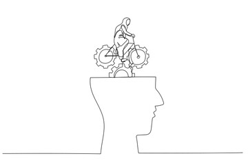 Cartoon of muslim businesswoman riding bike with gears on head. Single line art style