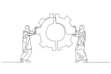 Drawing of muslim businesswoman with team colleagues connecting cogwheel gear together concept of integration partnership. One line style art