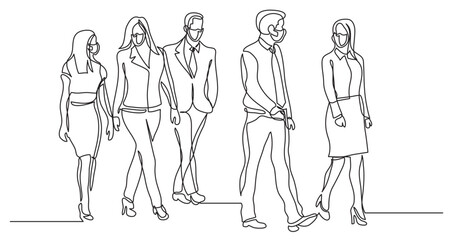 continuous line drawing vector illustration with FULLY EDITABLE STROKE - business team walking together 2 wearing face mask