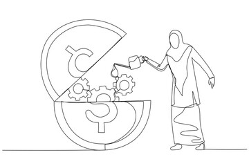 Drawing of muslim businesswoman put lubricant oil on opening gold coin concept of financial liquidity. One line art style