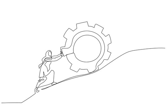 recommend clip art: Cartoon of muslim businesswoman pushing gear to the top metaphor of persistence and hard work. Single line art style