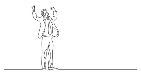 continuous line drawing vector illustration with FULLY EDITABLE STROKE - cheering businessman holding fists wearing face mask