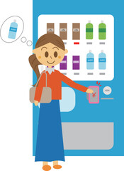 ダイエット中の水分補給のため自動販売機でミネラルウォーターを買う女性のイラスト・電子マネー