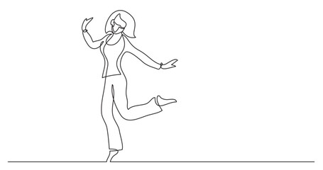 continuous line drawing vector illustration with FULLY EDITABLE STROKE - cheering jumping woman wearing face mask
