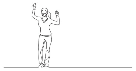 continuous line drawing vector illustration with FULLY EDITABLE STROKE - cheering woman holding fists wearing face mask