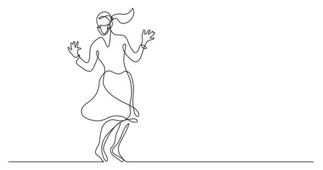 continuous line drawing vector illustration with FULLY EDITABLE STROKE - cheering woman in skirt wearing face mask