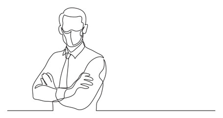 continuous line drawing vector illustration with FULLY EDITABLE STROKE - confident businessman wearing face mask