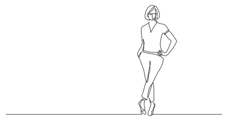 continuous line drawing vector illustration with FULLY EDITABLE STROKE - confident woman posing standing wearing face mask