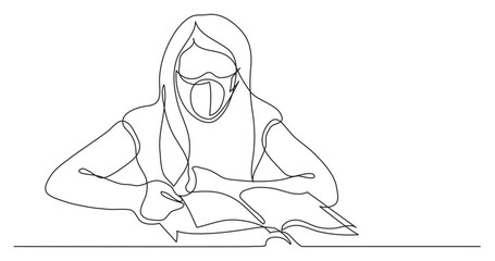 continuous line drawing vector illustration with FULLY EDITABLE STROKE - girl reading book wearing face mask