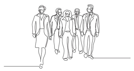 Fototapeta na wymiar continuous line drawing vector illustration with FULLY EDITABLE STROKE - group business professionals walking in office wearing face mask