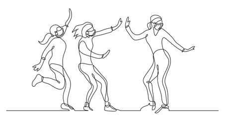 Fototapeta na wymiar continuous line drawing vector illustration with FULLY EDITABLE STROKE - group of girls having fun wearing face mask