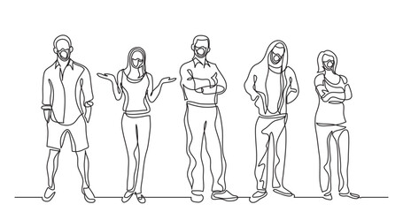 continuous line drawing vector illustration with FULLY EDITABLE STROKE - group of standing people wearing face mask