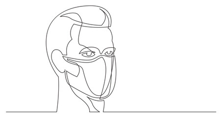 continuous line drawing vector illustration with FULLY EDITABLE STROKE - handsome man wearing face mask