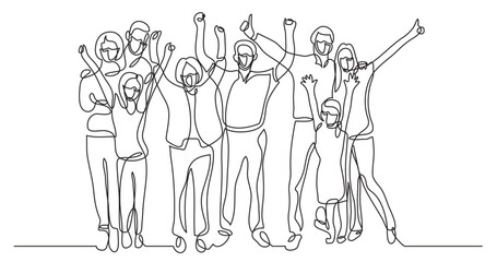continuous line drawing vector illustration with FULLY EDITABLE STROKE - happy big family cheering wearing face mask