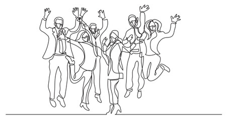 continuous line drawing vector illustration with FULLY EDITABLE STROKE - happy business team jumping joy wearing face mask