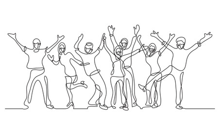 continuous line drawing vector illustration with FULLY EDITABLE STROKE - happy cheerful crowd of people wearing face mask