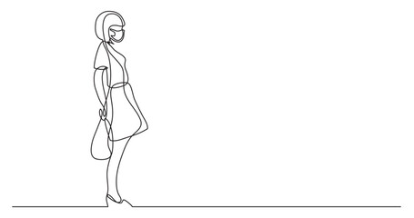 continuous line drawing vector illustration with FULLY EDITABLE STROKE - lonely standing girl wearing face mask