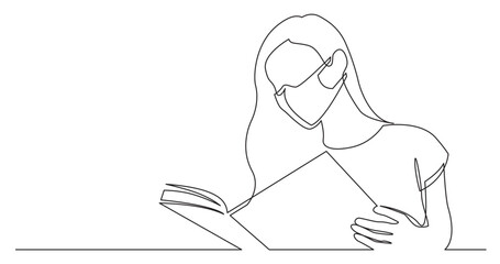 continuous line drawing vector illustration with FULLY EDITABLE STROKE - long hair woman reading book wearing face mask