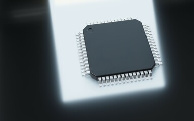  3d render of microchip or semiconductor chip, for computing.