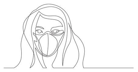 continuous line drawing vector illustration with FULLY EDITABLE STROKE - long hairstyle woman wearing face mask
