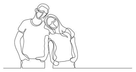 continuous line drawing vector illustration with FULLY EDITABLE STROKE - loving couple standing wearing face mask