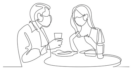 continuous line drawing vector illustration with FULLY EDITABLE STROKE - man and woman eating in restaurant wearing face mask